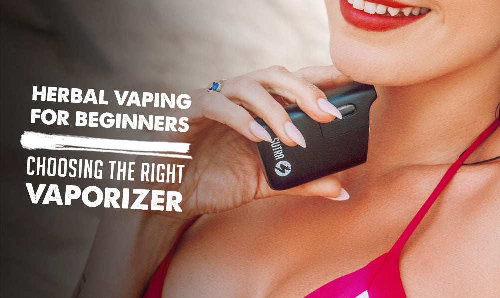 Herbal Vaping for Beginners: Choosing the Right Vaporizer with woman holding Sutra Mini at the beach
