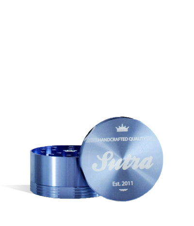 Blue front view Sutra Vape Aluminum 4 Piece 55mm Grinder Packaging on white background